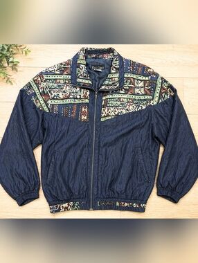 Vintage Tall Girl 100% Silk Windbreaker Jacket Women Large Blue Abstract Zip Fro